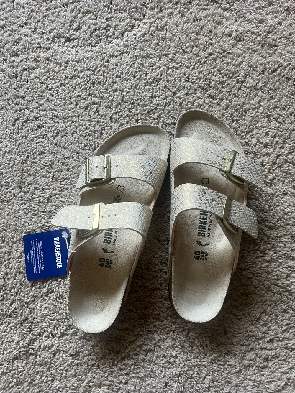 Birkenstock Double Strap Sandals in Light Ivory with metallic gold snake print